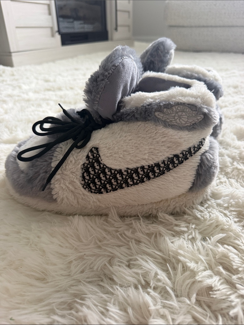 Amazon Kids Gray and White Plush Athletic Slippers with Black Swoosh